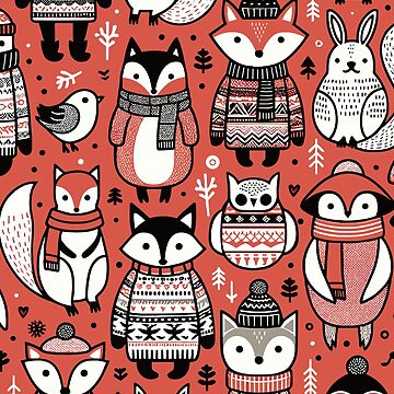 Artwork thumbnail, Cute Christmas Owls, Birds, Squirrels and Foxes Winter by hidden-design