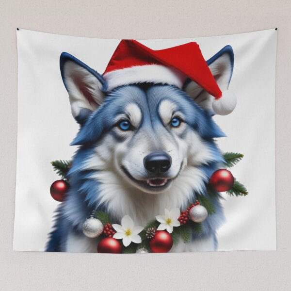 Item preview, Blue Wolfdog With Christmas Hat designed and sold by ishitastore08.