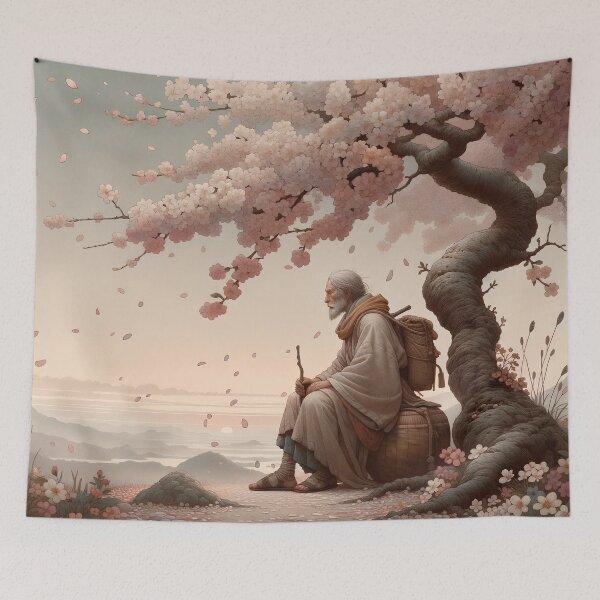 Item preview, Old Traveler Beneath Cherry Blossoms designed and sold by PictorialWhimsy.