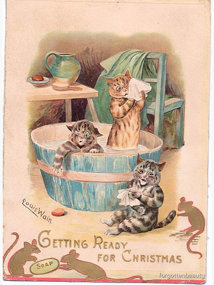 Louis Wain Christmas postcard 1904. Cat riding a dog with others watching