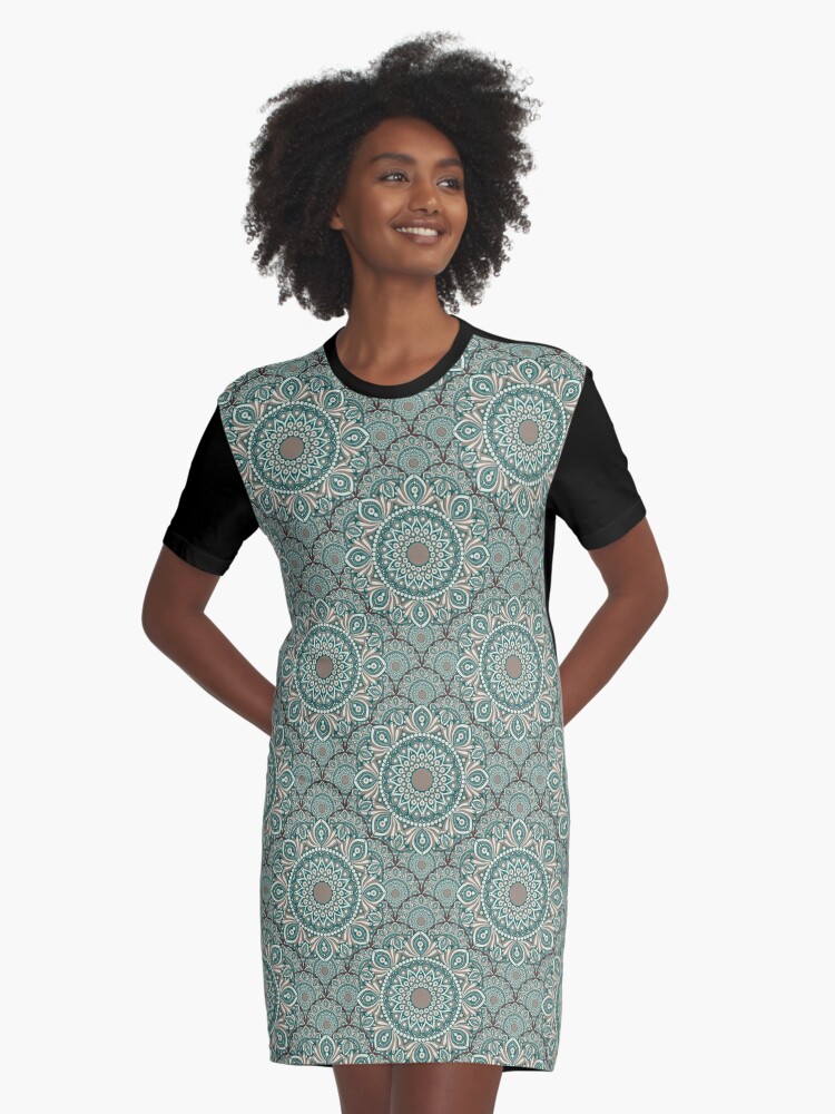 Graphic T-Shirt Dress, Chocolate and Teal Cafe Latte Dot Mandala Scallop Tile designed and sold by Triplicate Limited