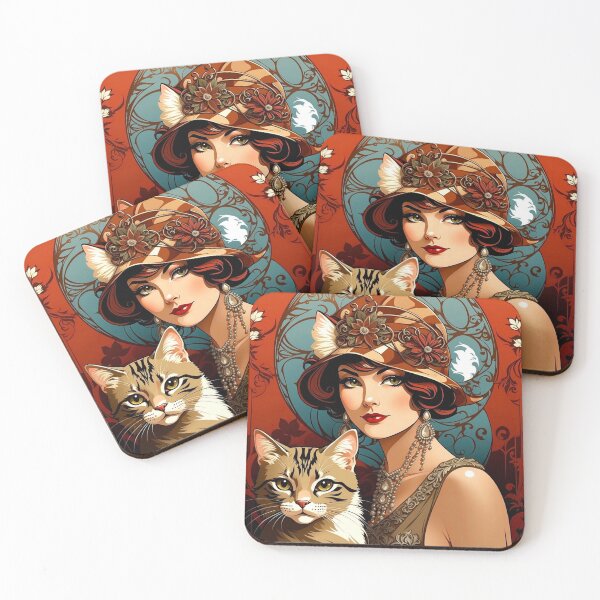 Item preview, Vintage años 20 Art Nouveau Hermosa mujer y gato designed and sold by Retro Salt.