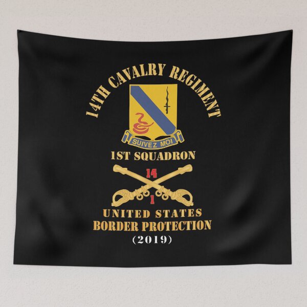 Aperçu de l'œuvre Armée - 14e Régiment de cavalerie avec Cav Br - 1er Escadron - Protection des frontières des États-Unis - 2019 - Red Txt X 300 créée et vendue par Military Insignia Products.