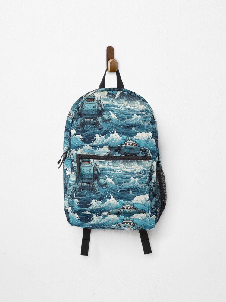Thumbnail 1 of 3, Backpack, Robots: Blue designed and sold by FreeStoneStudio.