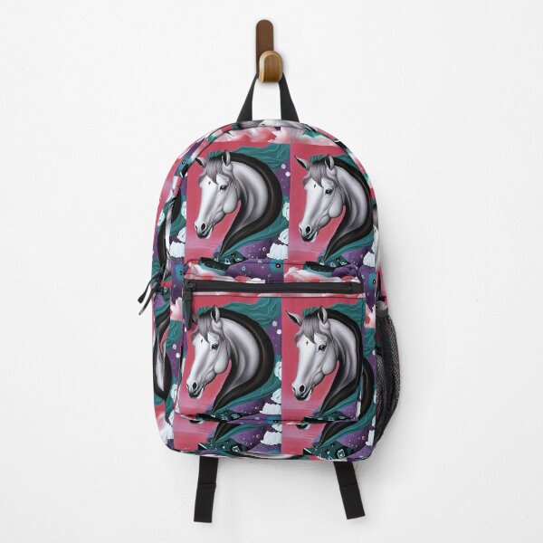 Item preview, stylized fairy horse head, in profile, with green mane in the wind, red and purple background, and seeming to fly over the clouds t designed and sold by Creativesphotos.
