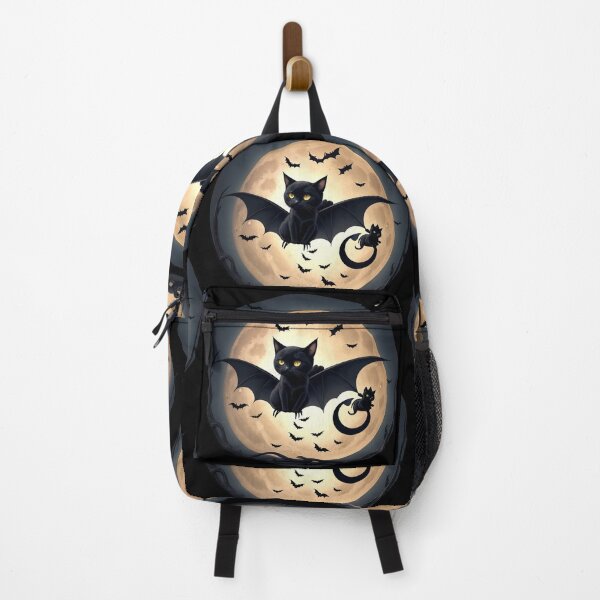 Item preview, A black cat sitting on a crescent moon with bats flying around. designed and sold by SpaLaxy Store.