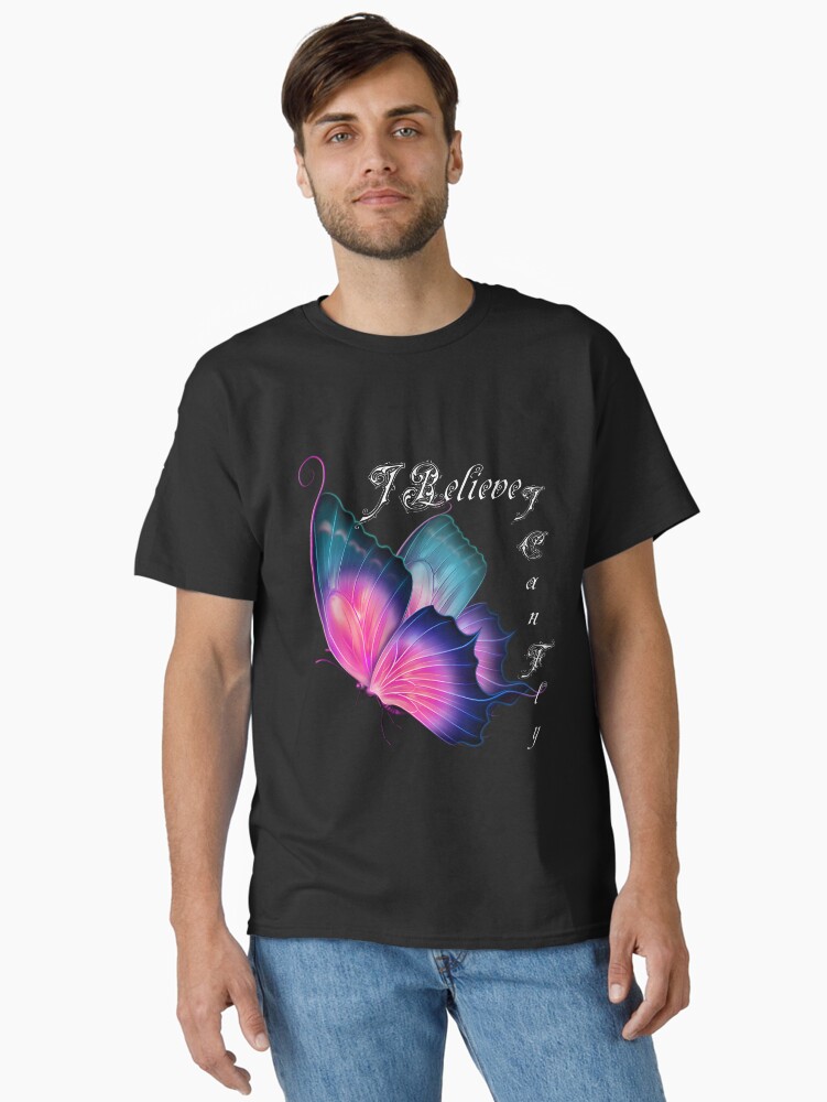 Thumbnail 1 of 7, Classic T-Shirt, Butterfly Fligh purple wings bright colors cool design text white designed and sold by niksy.