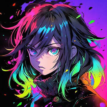 Beautiful Bright Neon Curly Hair Starry Anime Girl | Sticker