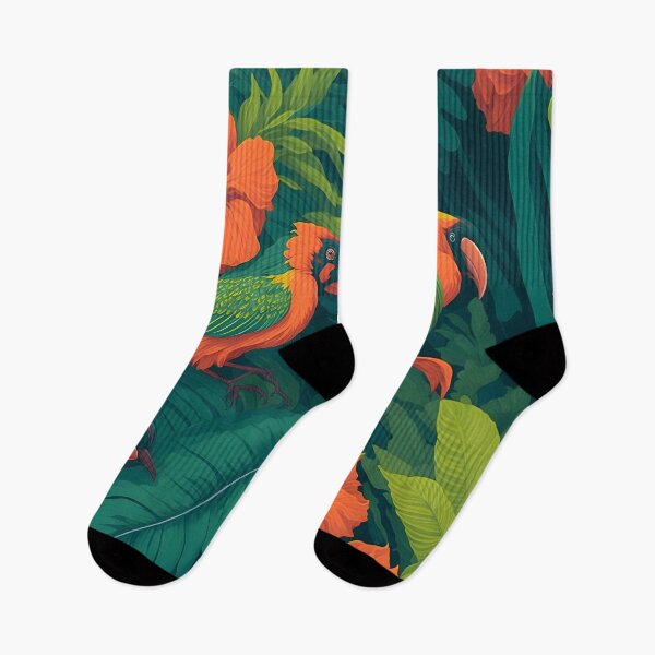Item preview, "Exquisite Tropical-Inspired Seamless Pattern: Lush Greens, Exotic Oranges, Palm Leaves, Flowers, and Parrots" designed and sold by Best-Art-32.