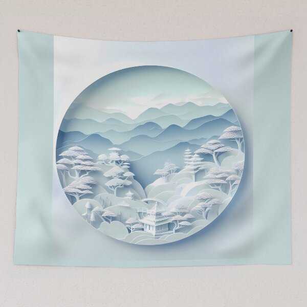 Item preview, Chinese landscape papercut blue designed and sold by WalterGomes.