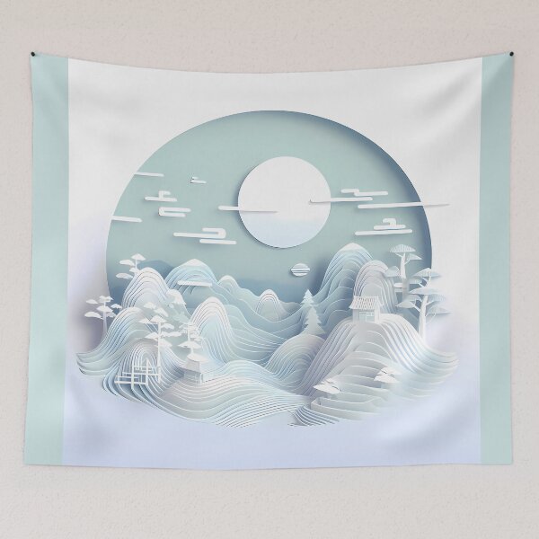 Item preview, Japanese landscape papercut blue designed and sold by WalterGomes.