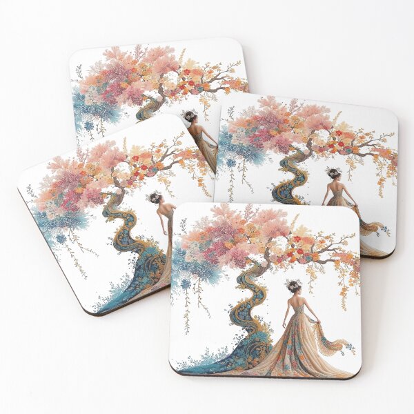 Item preview, The embroidery art features trees in full bloom and young women wearing wedding dresses as if waiting for someone. designed and sold by Natcharee.