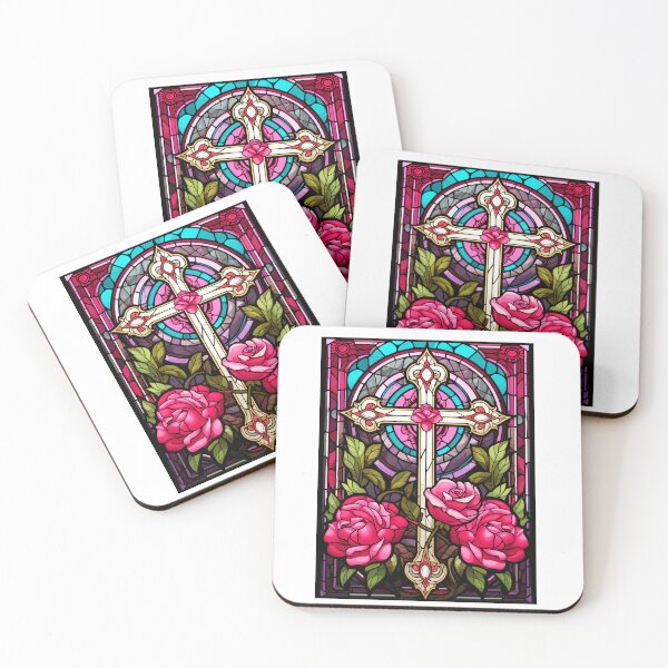 Item preview, Cross with red roses stained glass designed and sold by Seelenretter.