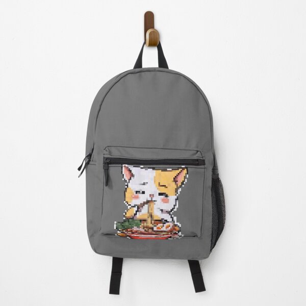 Item preview, Cute cartoon chubby white-red cat eats noodles with yellow egg and green algae from a red bowl for Chinese noodles with chopsticks. Pixel drawing. 8 bit. designed and sold by Annie--Fox.