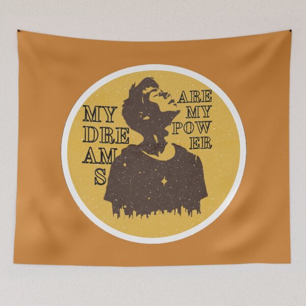 Item preview, My dreams are my power brown silhouette of a dreamy girl over the contours of the city with motifs of the night sky in the form of a circle with a white border designed and sold by SplashTastic.