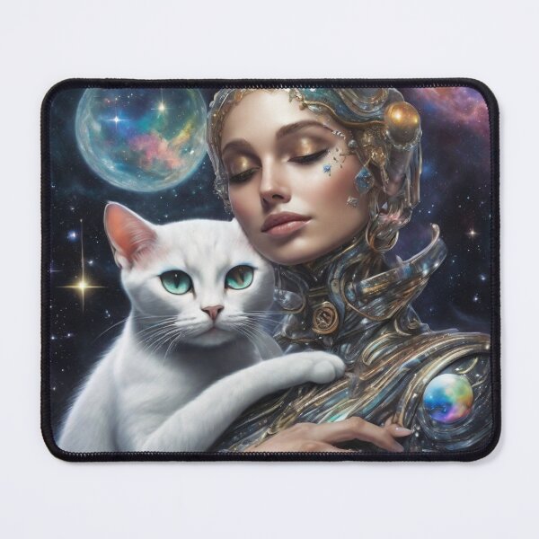 Item preview, una mujer alienígena con prisma de mármol abrazando a un gato celestial de Manx designed and sold by tileartwork.
