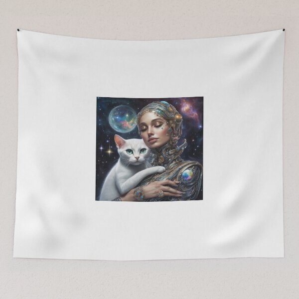 Item preview, a marble prism alien woman cuddling a celestial Manx cat designed and sold by tileartwork.