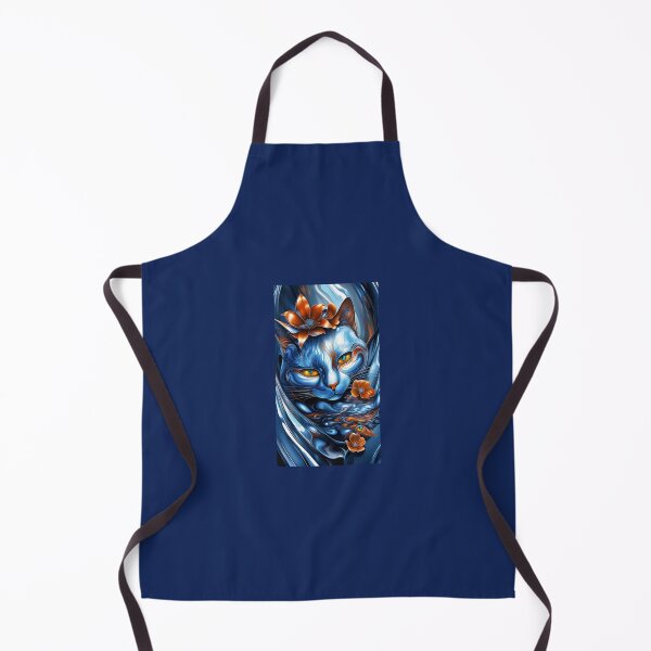 Item preview, cute blue cat head with lotus flower with wavy silver highlights, liquid chrome style, with orange lotus flowers all around designed and sold by Creativesphotos.
