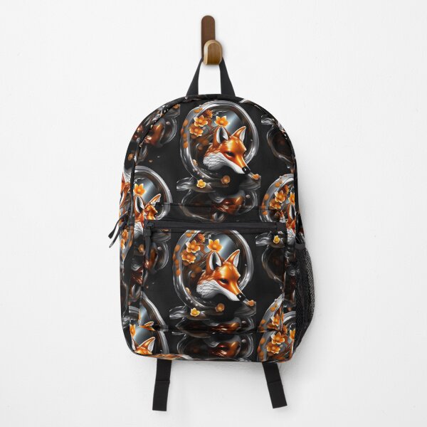 Item preview, red and white fox head in silver medallion with its reflection, liquid-chrome style on gray background and orange flowers of flowers designed and sold by Creativesphotos.