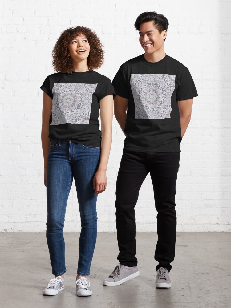 Classic T-Shirt, Intangible Sunlit Snowflake Blush Dot Mandala Scallop Tile designed and sold by Triplicate Limited