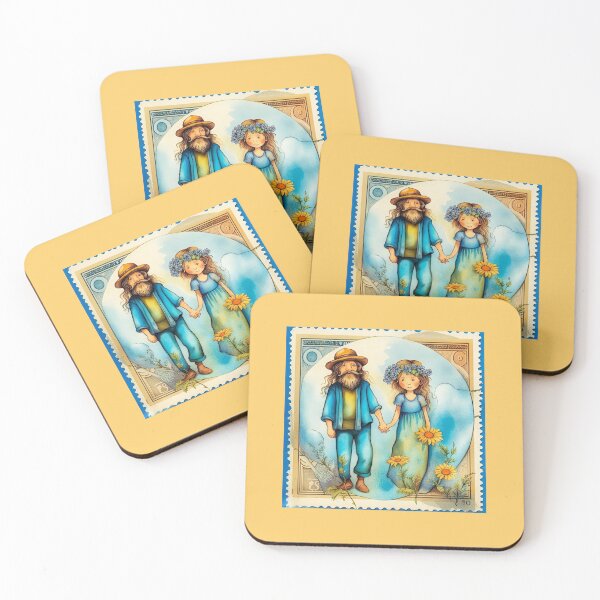 Item preview,  vignette of a smiling hippie couple dressed in blue, "flower power", holding hands, postage stamp style, decoration of yellow flowers designed and sold by Creativesphotos.