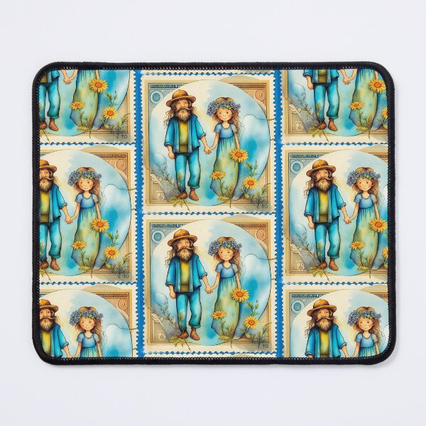 Item preview,  vignette of a smiling hippie couple dressed in blue, "flower power", holding hands, postage stamp style, decoration of yellow flowers designed and sold by Creativesphotos.