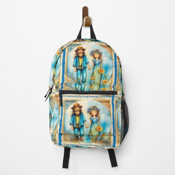 Item preview,  vignette of a smiling hippie couple dressed in blue, "flower power", holding hands, postage stamp style, decoration of yellow flowers designed and sold by Creativesphotos.