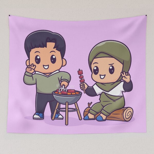 Item preview, Cute Couple in Hijab Cooking Beef BBQ Together designed and sold by hjian8219.