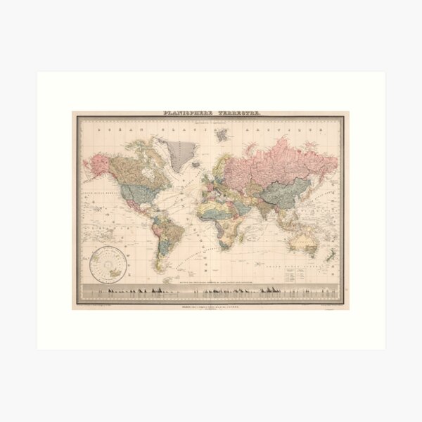 Vista previa del artículo con la obra «Mapa vintage del mundo (1852)», diseñado y vendido por BravuraMedia.