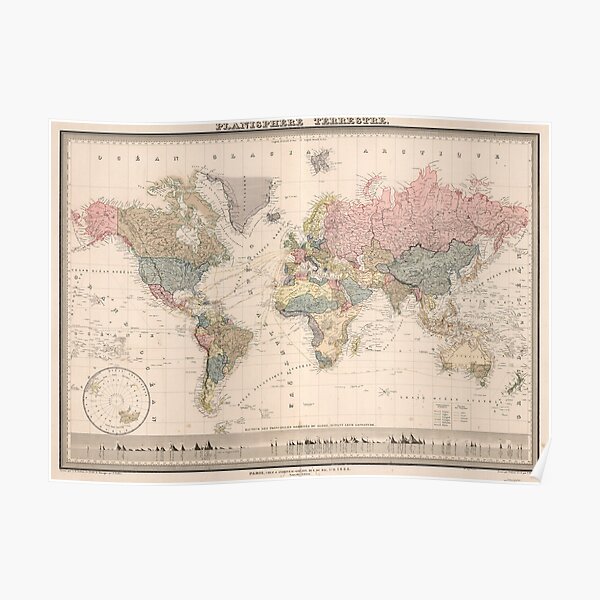 Carte vintage du monde (1852) Poster