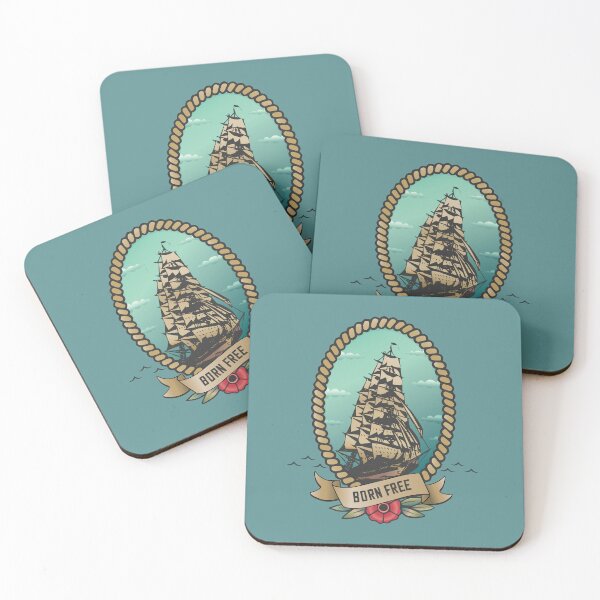Item preview, Vintage Ship at Sea with Born Fee Banner Tattoo Style designed and sold by Foxalla.
