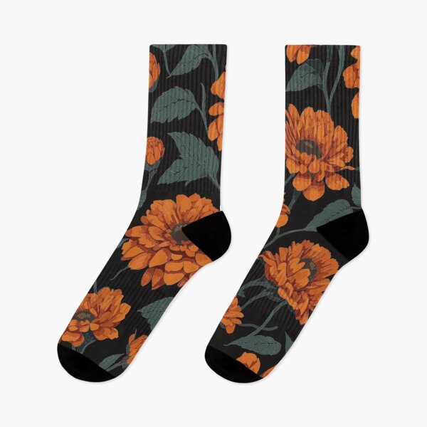 Item preview, Orange Zinnia Flower and Leaves Pattern on Black  designed and sold by GraphicsClub.