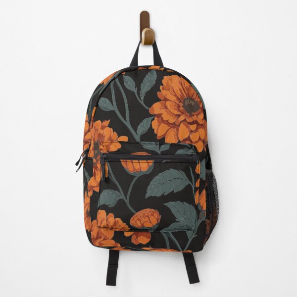 Item preview, Orange Zinnia Flower and Leaves Pattern on Black designed and sold by GraphicsClub.