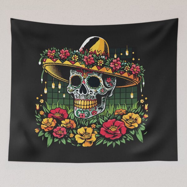 Item preview, Mexican skull with a charro hat and a bouquet of marigold flowers. designed and sold by yensyriv.