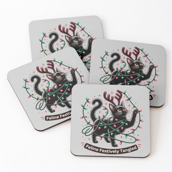 Item preview, Feline Festively Tangled, cute black Christmas Cat designed and sold by Hibiskusmond.