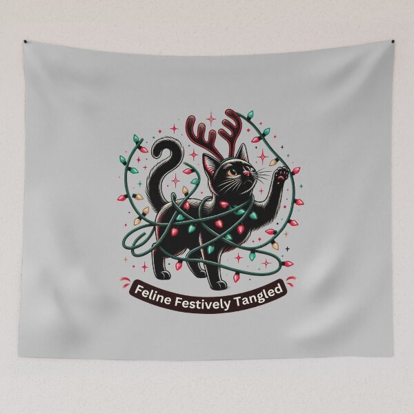 Item preview, Feline Festively Tangled, cute black Christmas Cat designed and sold by Hibiskusmond.