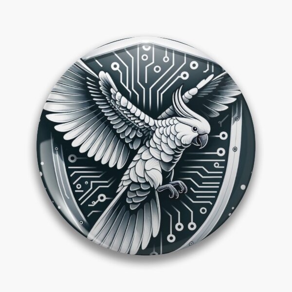 Item preview, Cockatoo flying in front of a silicon chip covered shield designed and sold by Extra On Point.