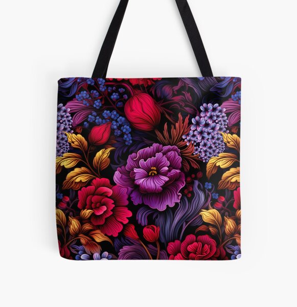 Beautiful flower pattern of colorful flowers on a dark background. All Over Print Tote Bag