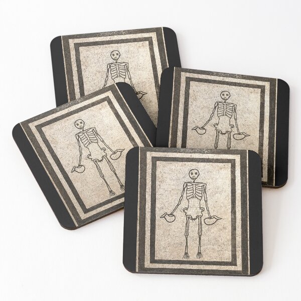 Item preview, Roman mosaic from Pompeii showing a grinning skeleton holding wine jugs designed and sold by OptimoPrincipi Roman Coins.