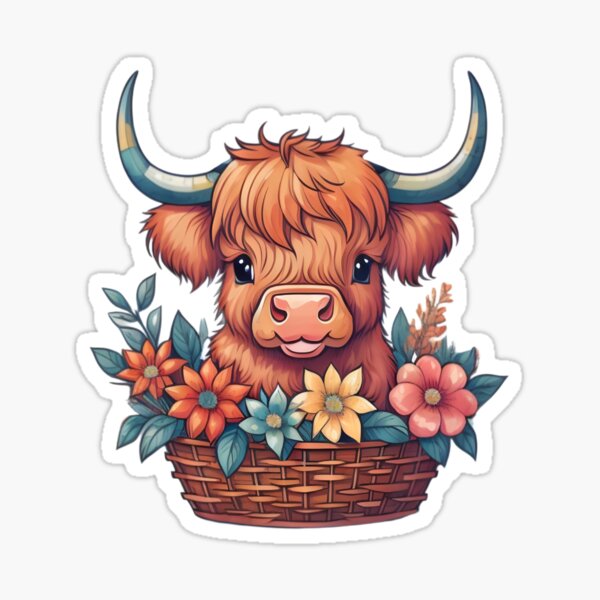 Scottish Highland cow inside floral basket Sticker