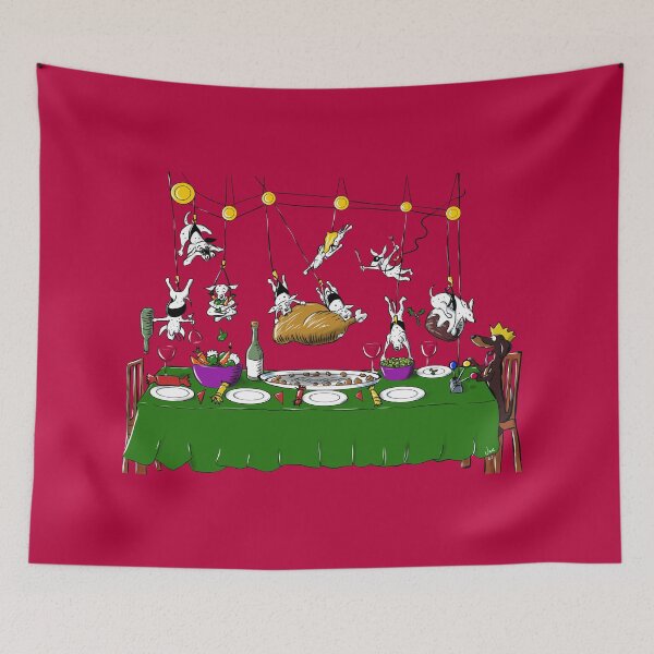 Item preview, ‘The `Turkey Crown Affair’ Humorous Dalmatian & Dachshund Christmas Dinner Cartoon designed and sold by Tea&Zoomies.