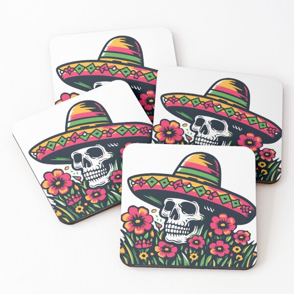 Item preview, Skull: The image shows a human skull, wearing a Mexican straw hat, surrounded by colorful flowers. designed and sold by yensyriv.