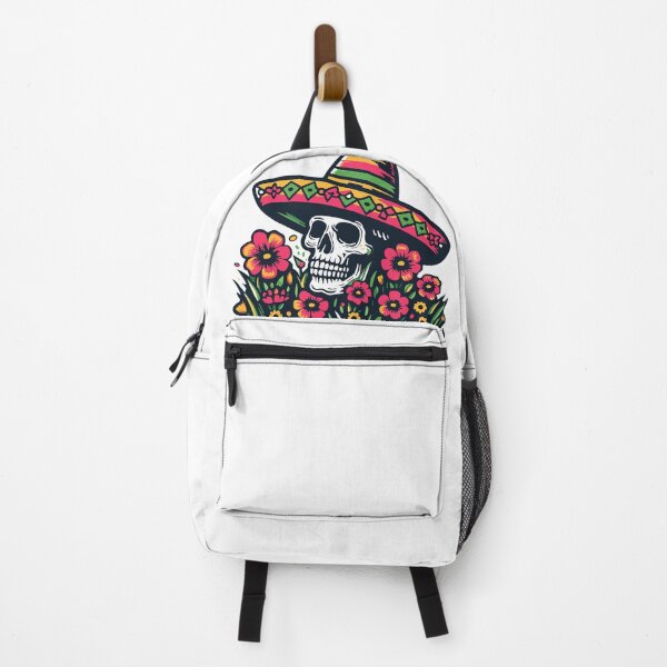 Item preview, Skull: The image shows a human skull, wearing a Mexican straw hat, surrounded by colorful flowers. designed and sold by yensyriv.
