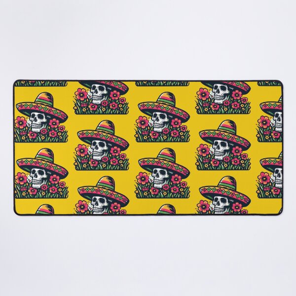 Item preview, Skull: The image shows a human skull, wearing a Mexican straw hat, surrounded by colorful flowers. designed and sold by yensyriv.