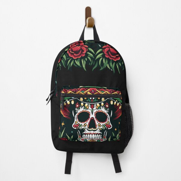 Item preview, "Sugar skull with a hat surrounded by red roses"/A cheerful Mexican skull with a charro hat and marigold flowers. designed and sold by yensyriv.