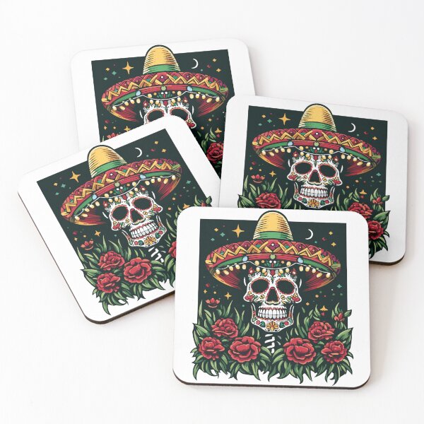 Item preview, "Sugar skull with a hat surrounded by red roses"/A cheerful Mexican skull with a charro hat and marigold flowers. designed and sold by yensyriv.