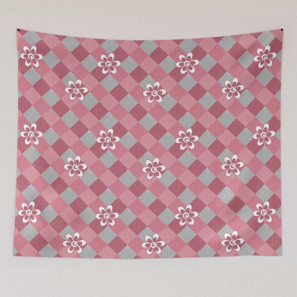 Item preview, Gray pink geometric checkered pattern with flowers designed and sold by fuzzyfox.