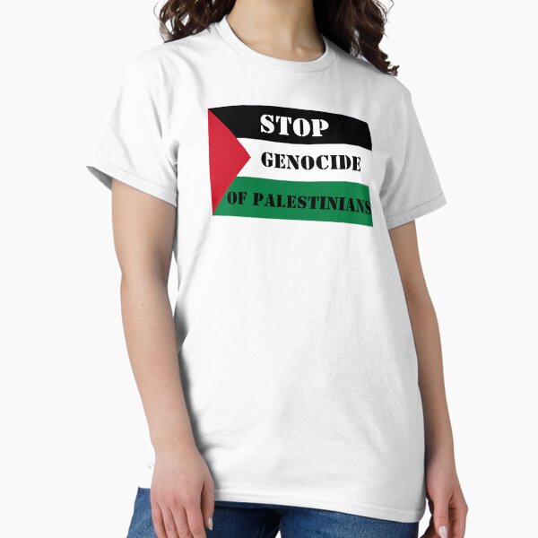 Vista previa del artículo con la obra «Alto al genocidio de palestinos Palestina libre con bandera», diseñado y vendido por EspyDesignCo.
