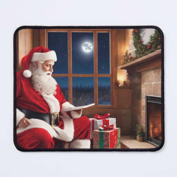 Item preview, Santa Claus placing gifts under a Christmas tree inside a home. Fireplace burning, and the moon through the window designed and sold by DeJuin.