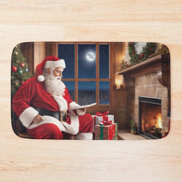Item preview, Santa Claus placing gifts under a Christmas tree inside a home. Fireplace burning, and the moon through the window designed and sold by DeJuin.